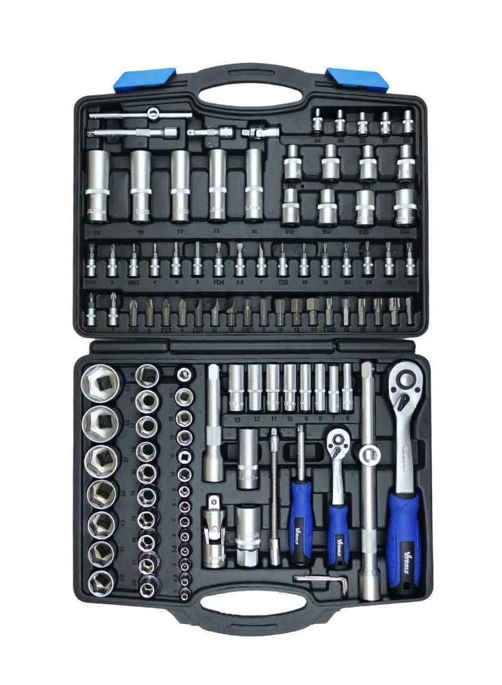 VTOOLS 111 PC 1/2" & 1/4" Master Drive CRV Impact Socket Set in Portable Case Includes Extension Bars Universal Joint Deep Socket,Sliding Bar,and Socket Bits - Image 1