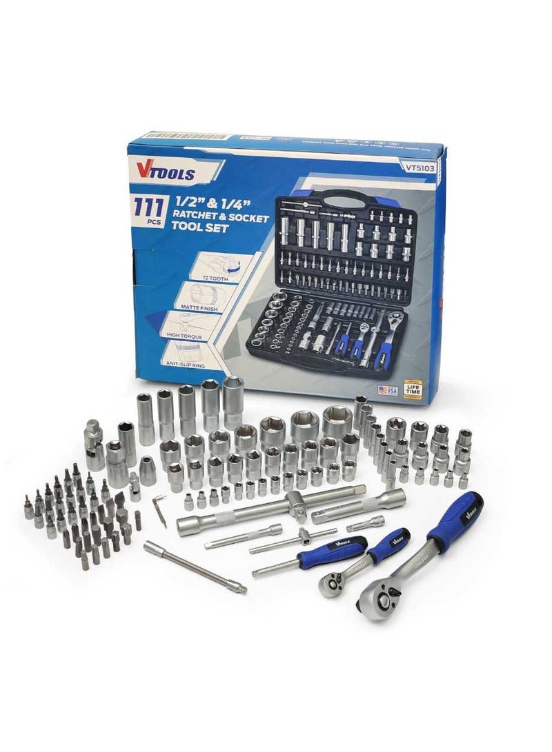 VTOOLS 111 PC 1/2" & 1/4" Master Drive CRV Impact Socket Set in Portable Case Includes Extension Bars Universal Joint Deep Socket,Sliding Bar,and Socket Bits - Image 4