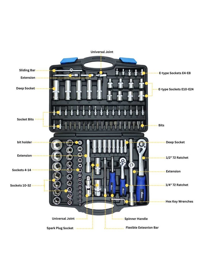 VTOOLS 111 PC 1/2" & 1/4" Master Drive CRV Impact Socket Set in Portable Case Includes Extension Bars Universal Joint Deep Socket,Sliding Bar,and Socket Bits - Image 5