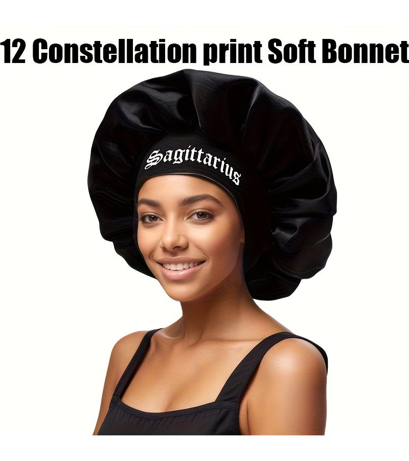 Black Satin Sleep Cap for Women with Scorpio Constellation Print - Image 3