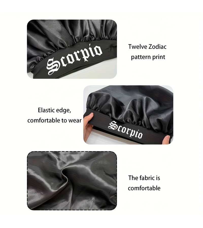 Black Satin Sleep Cap for Women with Scorpio Constellation Print - Image 5