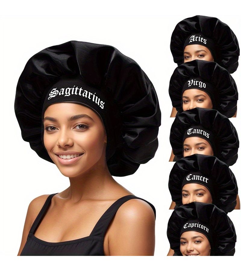 Black Satin Sleep Cap for Women with Scorpio Constellation Print - Image 1
