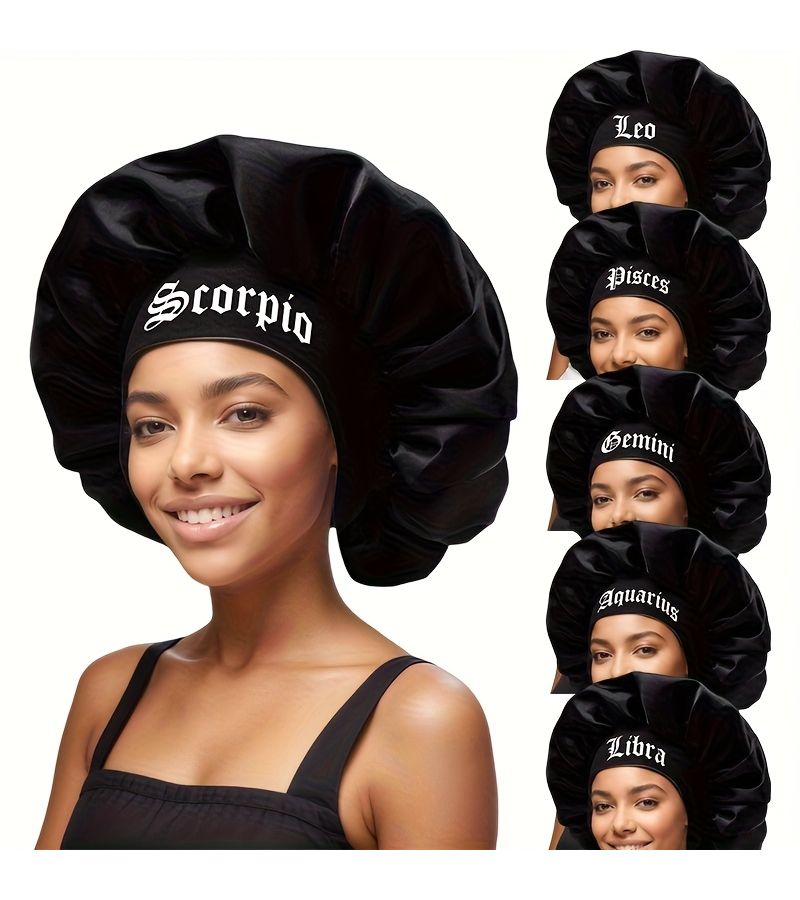Black Satin Sleep Cap for Women with Scorpio Constellation Print - Image 2