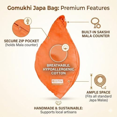 MAYAPURI Original Bhagwa Pure Cotton Gomukhi Japa Mala Bag Or Chanting Bag/Beads Bag With Zip Pocket And Sakshi Mala Counter For Daily Mantra Jaap, Saffron Color, travel, orange - Image 2