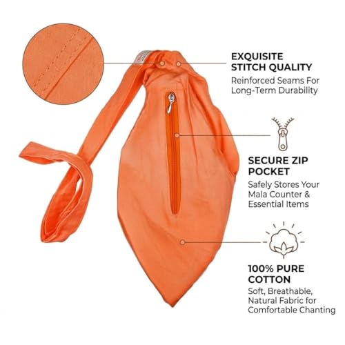 MAYAPURI Original Bhagwa Pure Cotton Gomukhi Japa Mala Bag Or Chanting Bag/Beads Bag With Zip Pocket And Sakshi Mala Counter For Daily Mantra Jaap, Saffron Color, travel, orange - Image 3