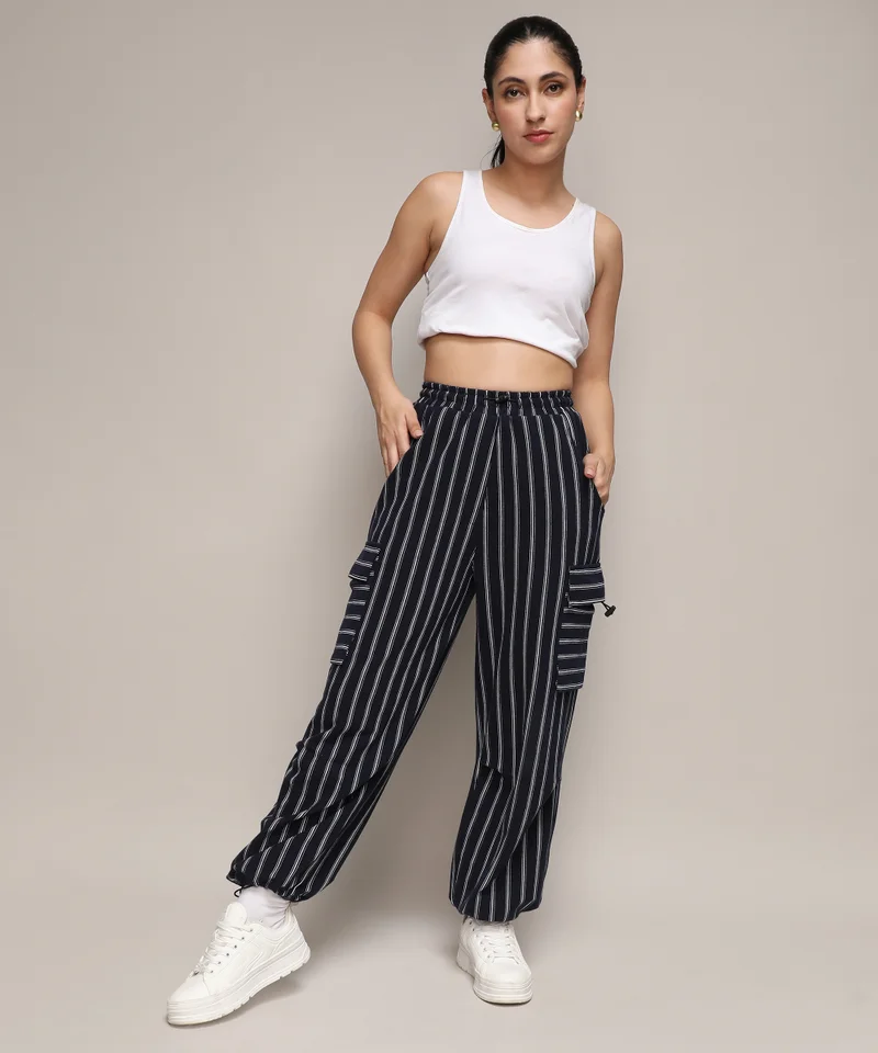 Campus Sutra Women's Midnight Black Striped Cargo Parachute Trousers