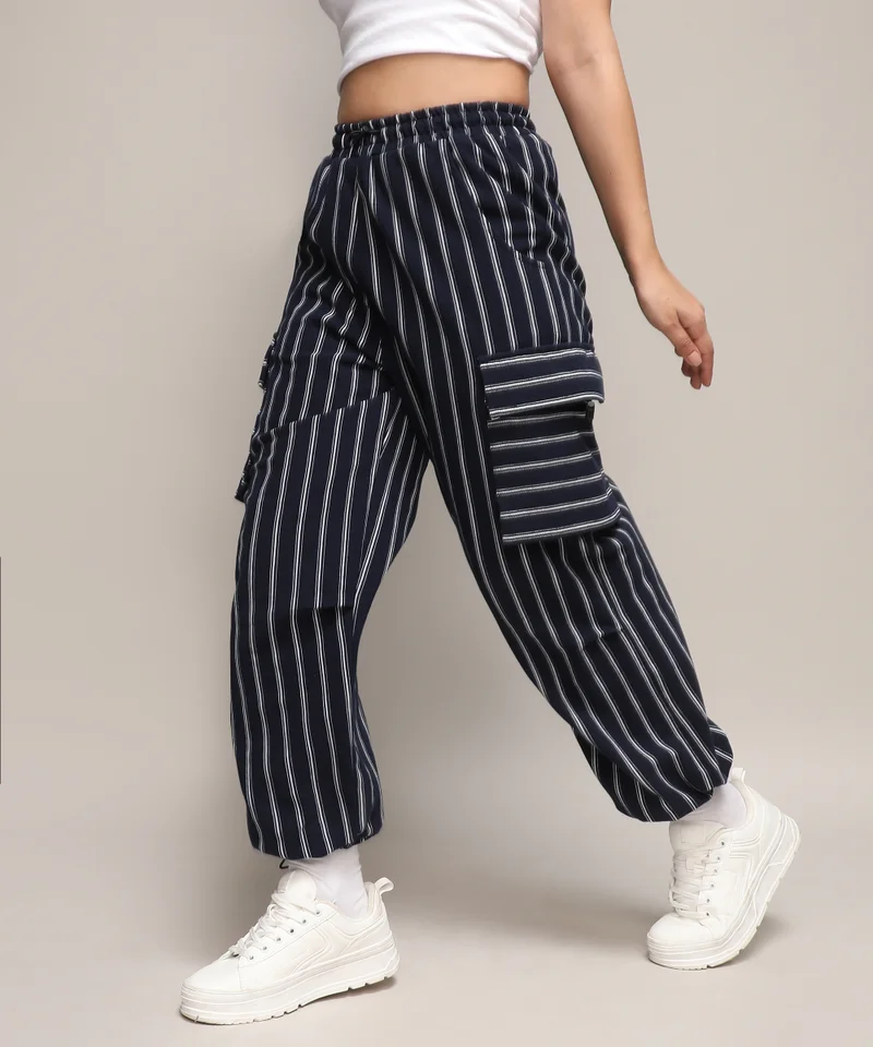 Campus Sutra Women's Midnight Black Striped Cargo Parachute Trousers