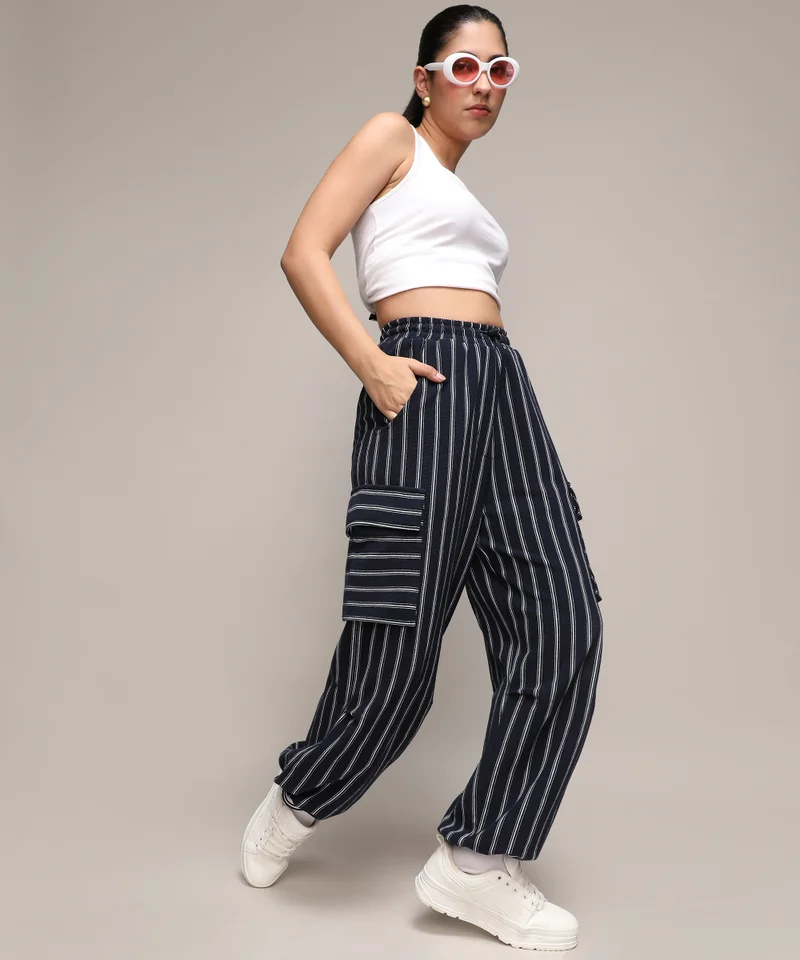 Campus Sutra Women's Midnight Black Striped Cargo Parachute Trousers