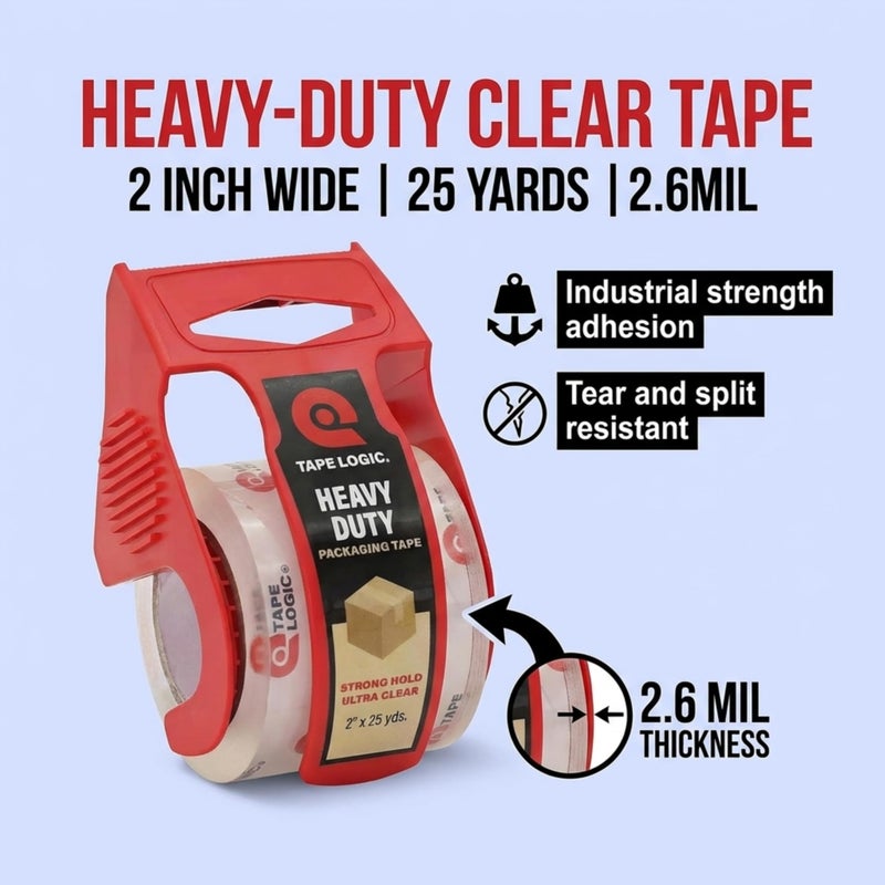 Tape Logic Heavy Duty Packing Tape with Dispenser (2 Pack) â€“ 2.6 Mil Thick Clear Shipping Tape, 2 in x 25 yd â€“ Strong Industrial Adhesive for Moving Boxes, Mailing, & Shipping Packaging - Image 2