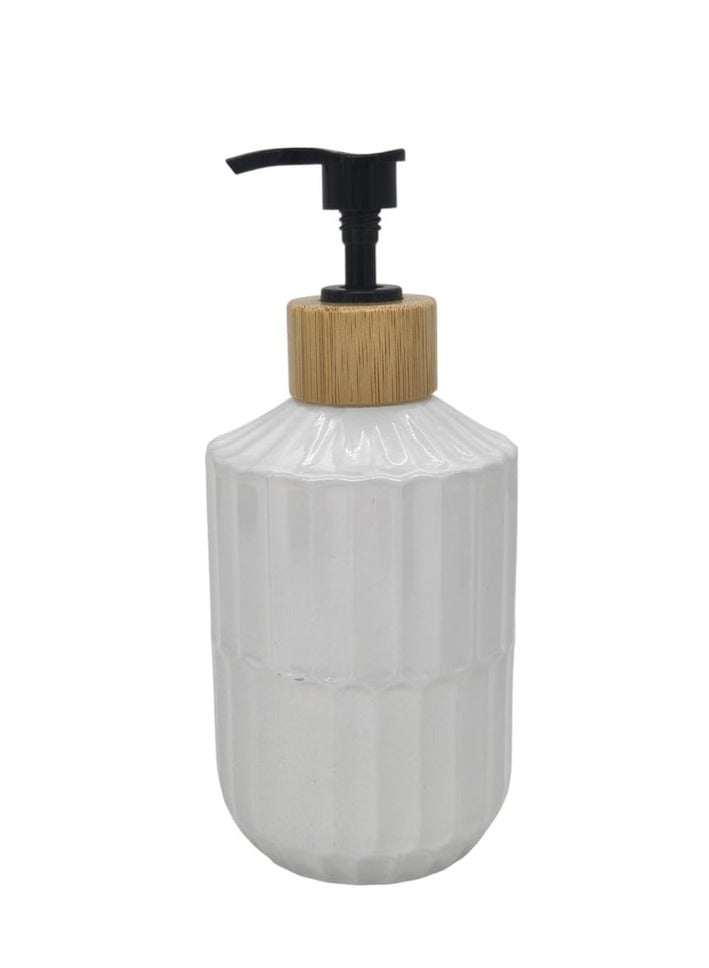 AKDC Ceramic Liquid Soap Dispenser With Wooden Lid for Bathroom & Kitchen Sink, Dish Soap Dispenser With Easy-to-Press Pump -400ML-White&Black - Image 1