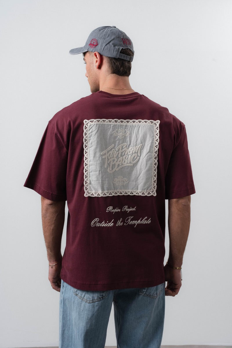 RESPIRE Men's Far From Basic Embroidered Oversize T-Shirt, Burgundy - Image 1