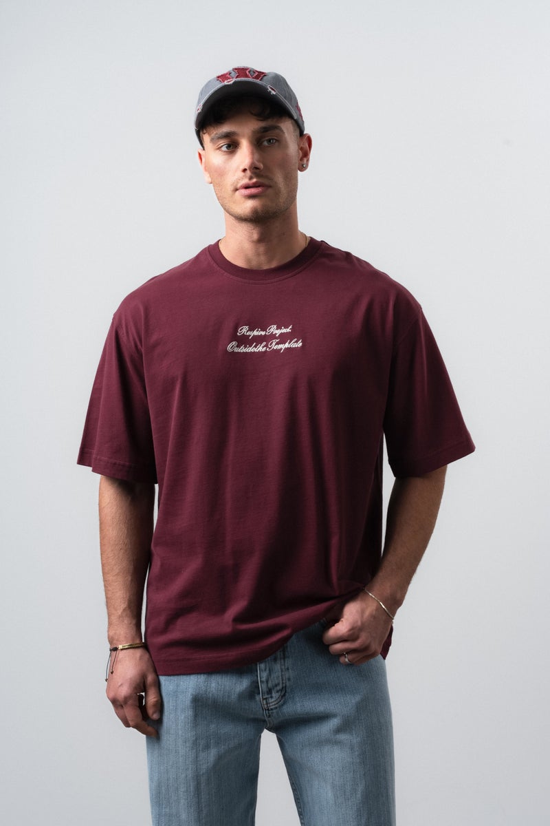 RESPIRE Men's Far From Basic Embroidered Oversize T-Shirt, Burgundy - Image 3