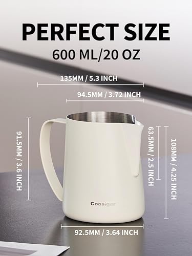Coosigar Milk Frothing Pitcher 600ml/20oz,304 Stainless steel Espresso Steaming Pitcher,milk frother cup,Milk Jug Cup,Latte Art(cream white) - Image 4