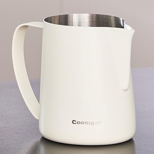 Coosigar Milk Frothing Pitcher 600ml/20oz,304 Stainless steel Espresso Steaming Pitcher,milk frother cup,Milk Jug Cup,Latte Art(cream white) - Image 1