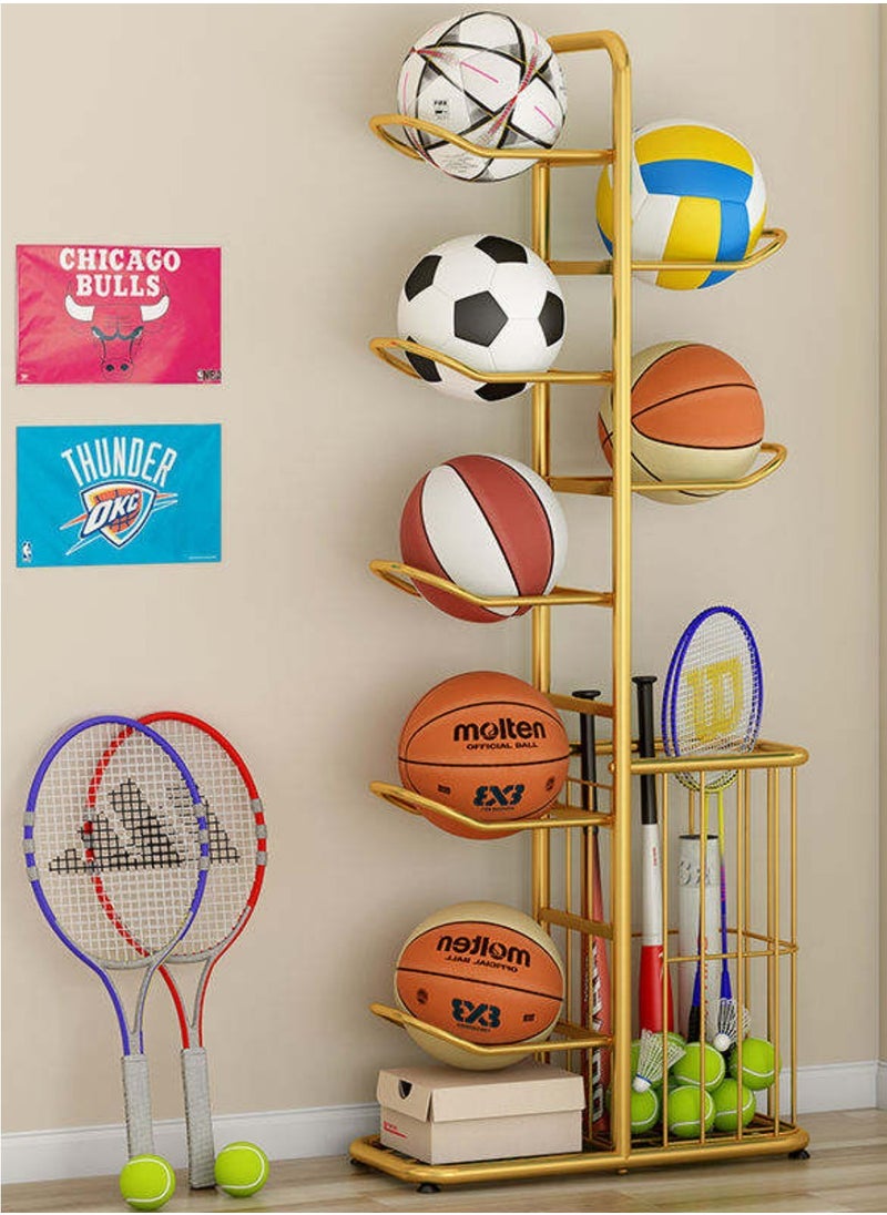 AIWANTO Multifunctional Sports Storage Rack Basketball Soccer Volleyball Badminton Racket Cricket Football Indoor Home Simple Design Gold 146 CM  - Image 1