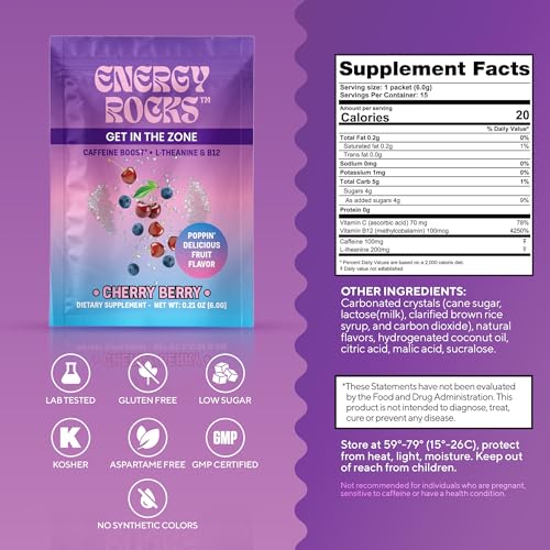 Energy Rocks بلورات حلوى الطاقة المتلألئة حلوى كافيين مع 100 ملغ كافيين لثيانين B12 بدون حاجة للماء 6 عبوات فردية بنكهة الكرز والتوت والأناناس والمانجو - Image 5