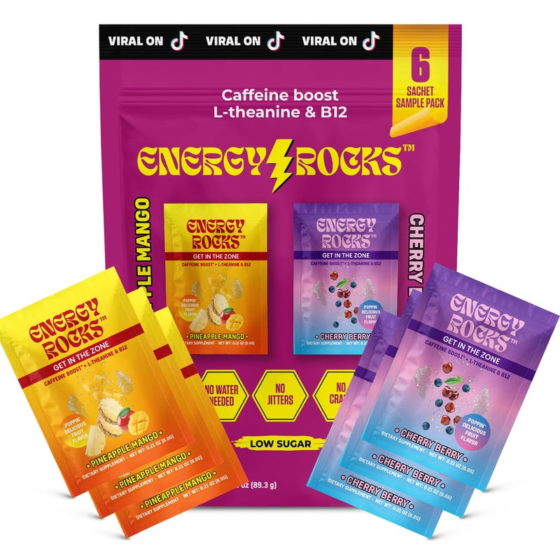 Energy Rocks بلورات حلوى الطاقة المتلألئة حلوى كافيين مع 100 ملغ كافيين لثيانين B12 بدون حاجة للماء 6 عبوات فردية بنكهة الكرز والتوت والأناناس والمانجو - Image 3