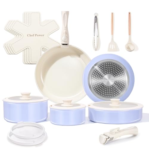 Chef Power Ceramic Nonstick Pots and Pans Set 19 Piece with Detachable Handle, Induction Dishwasher Oven Safe Cookware Set, RV Kitchen Set Removable Handle (Light Purple) - Image 1