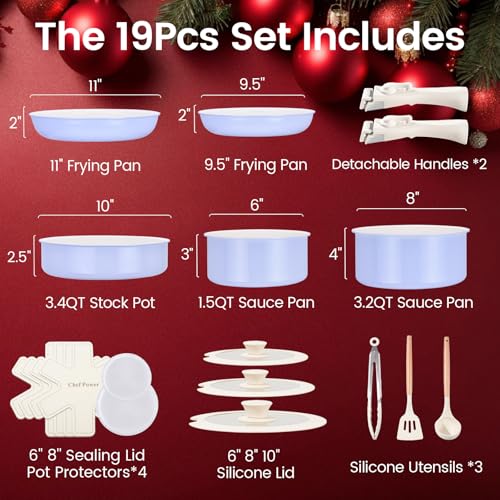Chef Power Ceramic Nonstick Pots and Pans Set 19 Piece with Detachable Handle, Induction Dishwasher Oven Safe Cookware Set, RV Kitchen Set Removable Handle (Light Purple) - Image 2