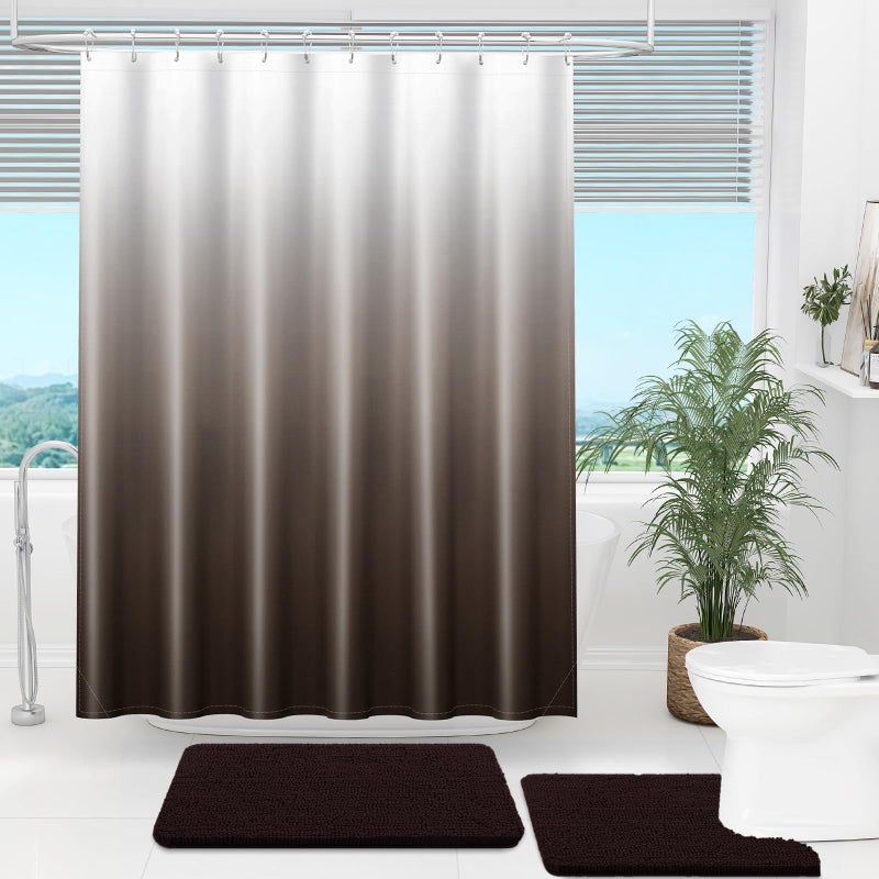 OLANLY Luxury Light Brown and White Ombre Shower Curtain Sets with 12 Hooks  Waterproof and Washable Decorative Shower Curtains for Bathroom  72x72 Inches - Image 2