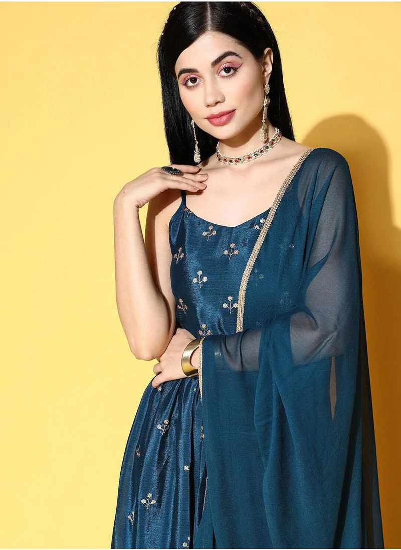 آي شين Women's Teal Embroidered Dress With Dupatta