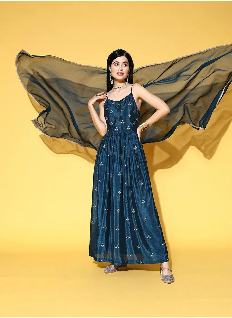 آي شين Women's Teal Rayon Embroidered Midi Slip Straight Fit Dress