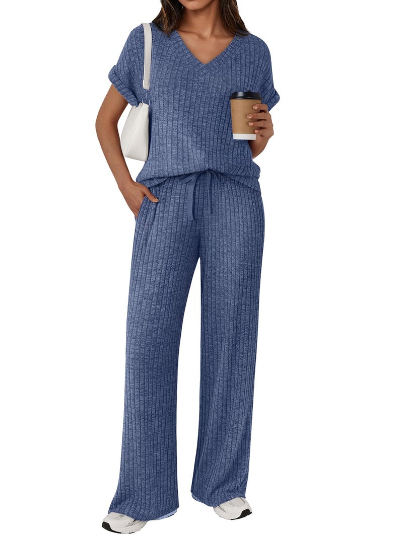 LILLUSORY Womens 2 Piece Lounge Sets 2026 Summer Vacation Outfits Airport Travel Resort Wear Beach Matching Spring Sweatsuit Blue L - Image 1