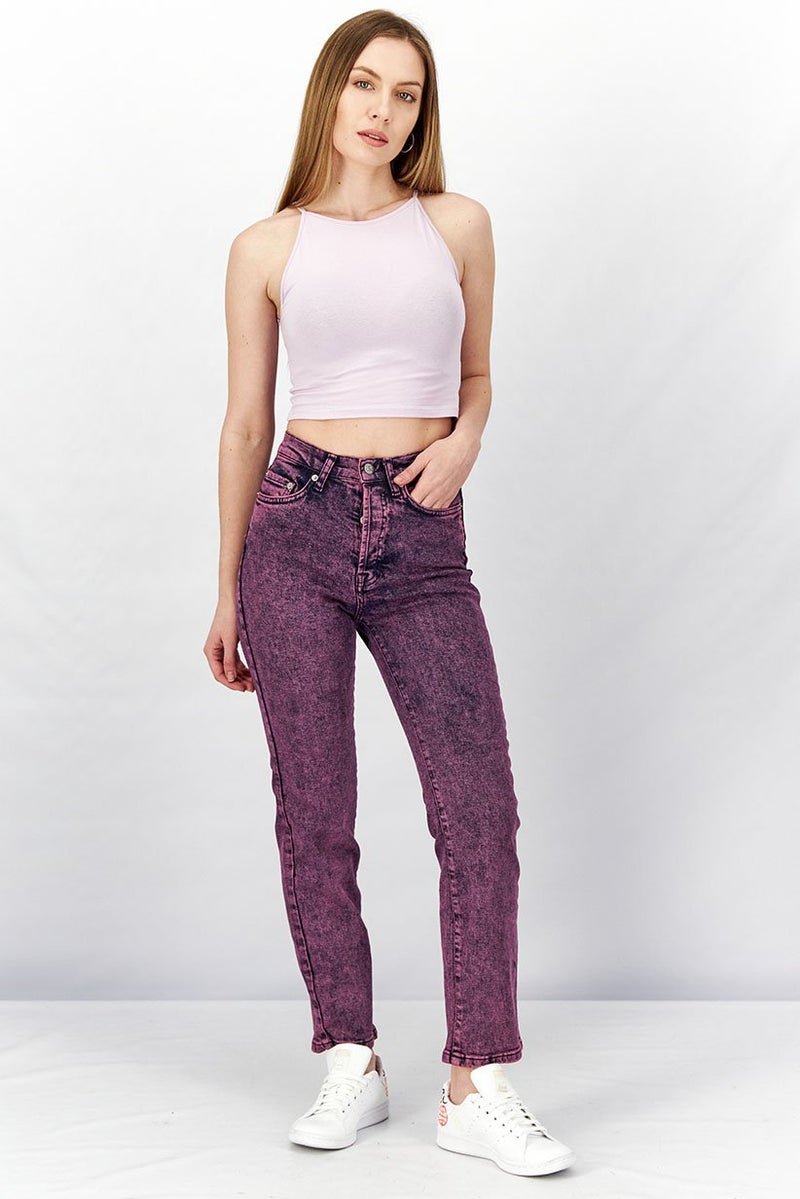 NA-KD Women Straight Fit High Waist Washed Stretchable Denim Jeans, Acid Purple - Image 3