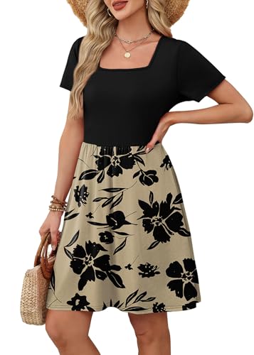 OFEEFAN Beach Vacation Essentials 2026 Square Neck Short Sleeve Summer Dress Floral Beige Sundress for Women Casual Elegant Classy Floral Beige L - Image 5
