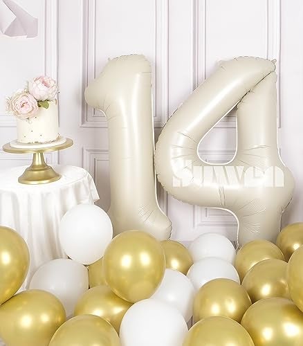 SUWEN 40 Inch Cream White Large 14 Number Balloons Big Foil Helium Number Balloons 09 Jumbo Happy 14th Mylar Birthday Party Decorations for Boy or Girl 41 Anniversary Party Supplies - Image 5