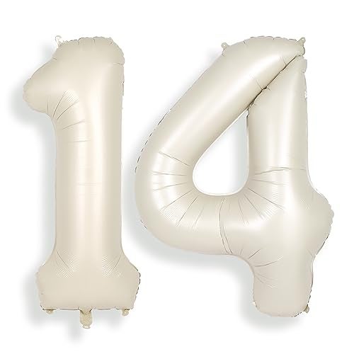 SUWEN 40 Inch Cream White Large 14 Number Balloons Big Foil Helium Number Balloons 09 Jumbo Happy 14th Mylar Birthday Party Decorations for Boy or Girl 41 Anniversary Party Supplies - Image 1
