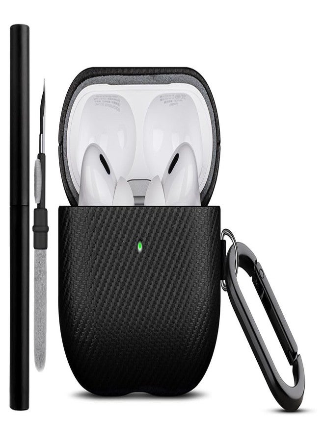 Lopie جراب LOPIE المصنوع يدويًا لسماعات AirPods Pro، جراب من الجلد النباتي بنقشة ألياف الكربون مع سلسلة مفاتيح ومجموعة تنظيف، غطاء صلب واقٍ - أسود - Image 1