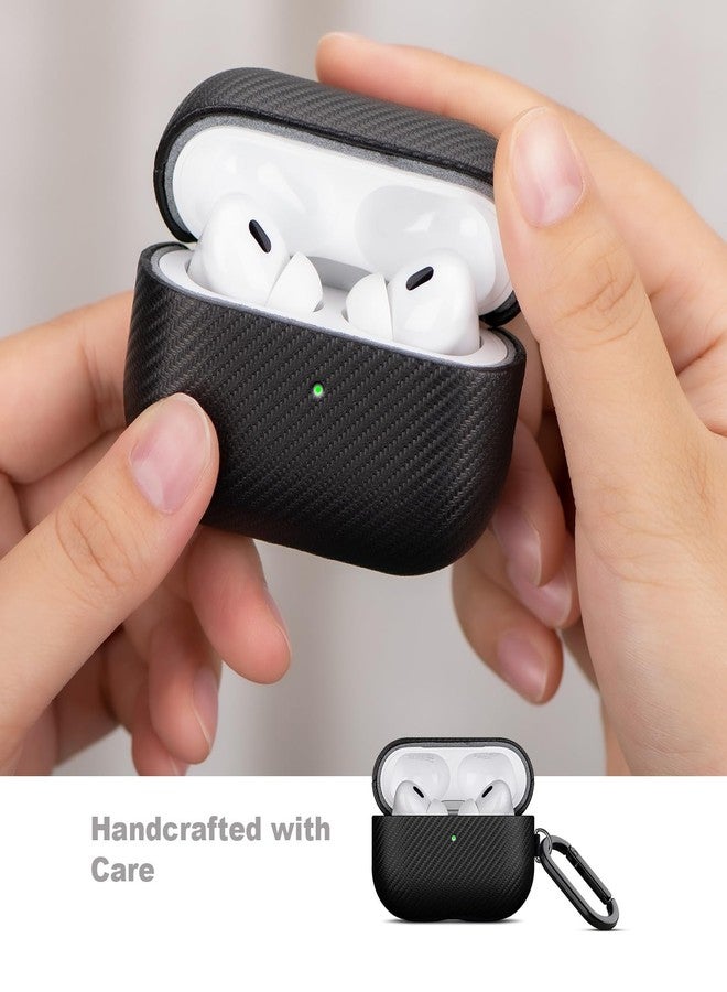 Lopie جراب LOPIE المصنوع يدويًا لسماعات AirPods Pro، جراب من الجلد النباتي بنقشة ألياف الكربون مع سلسلة مفاتيح ومجموعة تنظيف، غطاء صلب واقٍ - أسود - Image 3