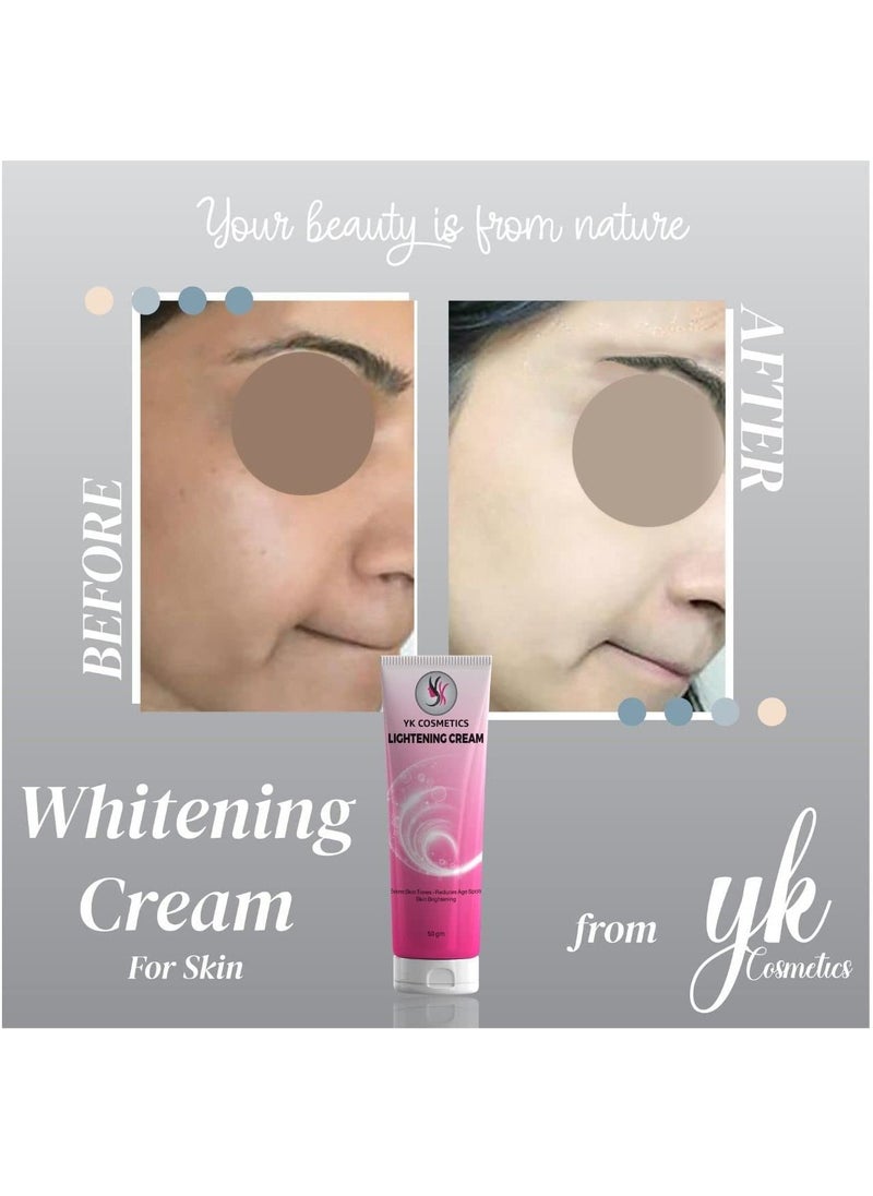 YK Skin whitening cream works to lighten dark places and sensitive areas. Unitone skin and remove dark spots. It stimulates collagen of the skin. - 50 gm