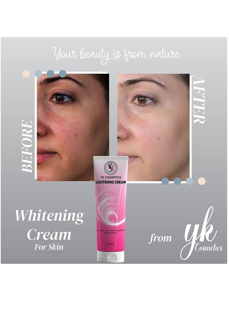 YK Skin whitening cream works to lighten dark places and sensitive areas. Unitone skin and remove dark spots. It stimulates collagen of the skin. - 50 gm