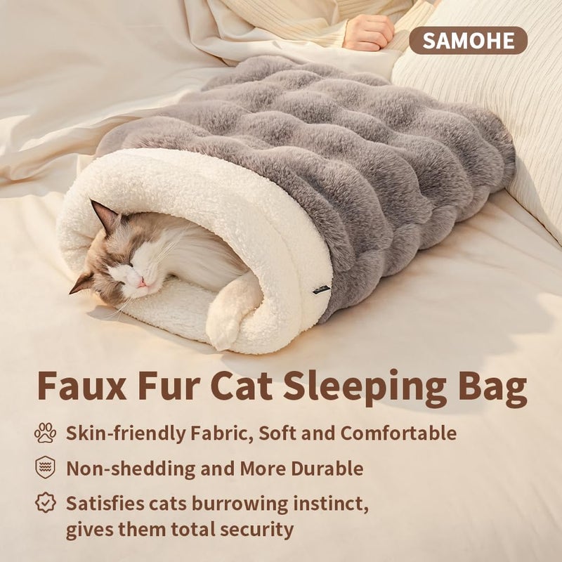 SOMAHE Self-Warming Cat Sleeping Bag, Enclosed Hooded Snuggle Sack with Dual-Side Plush Cat Cave Bed, Portable Foldable Pet Sleeping Pod for Indoor & Travel, Anti-Static, 21.7"x17.7"Grey - Image 2