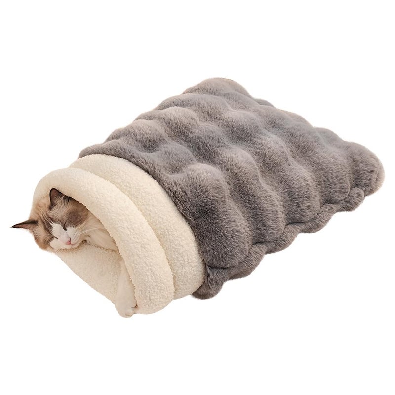 SOMAHE Self-Warming Cat Sleeping Bag, Enclosed Hooded Snuggle Sack with Dual-Side Plush Cat Cave Bed, Portable Foldable Pet Sleeping Pod for Indoor & Travel, Anti-Static, 21.7"x17.7"Grey - Image 1