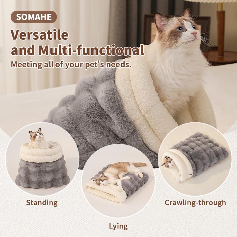 SOMAHE Self-Warming Cat Sleeping Bag, Enclosed Hooded Snuggle Sack with Dual-Side Plush Cat Cave Bed, Portable Foldable Pet Sleeping Pod for Indoor & Travel, Anti-Static, 21.7"x17.7"Grey - Image 4
