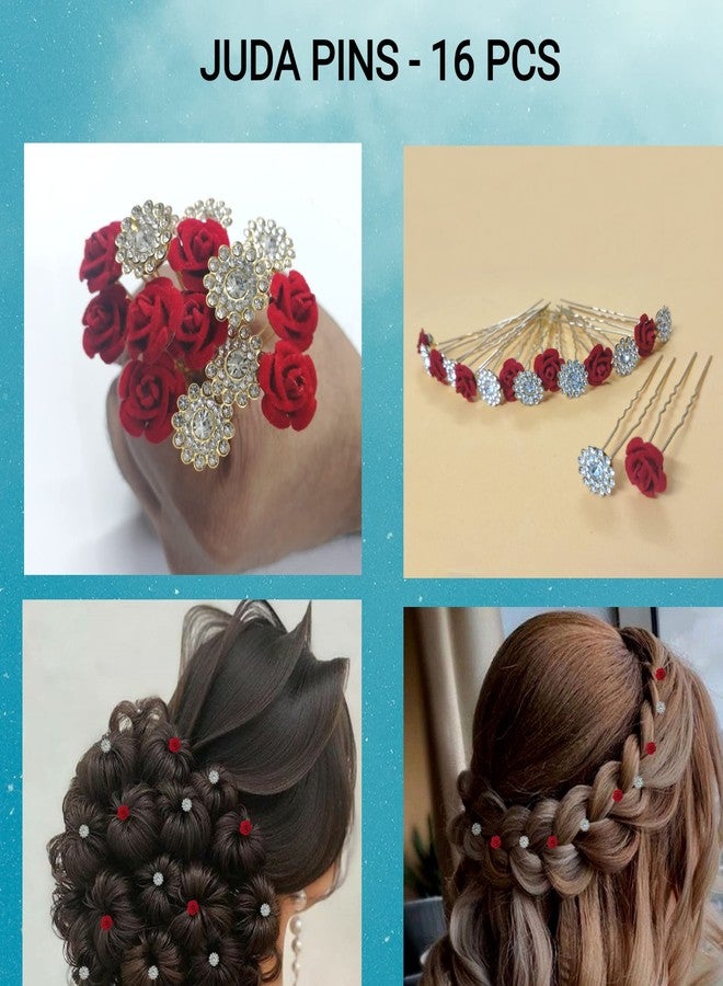 PRODUCTMINE مجموعة دبابيس شعر العروس من PRODUCTMINE® / دبابيس جودا ذهبية فاخرة مع وردة حمراء صناعية وأحجار الراين الشفافة للنساء والفتيات - مجموعة من 16 قطعة - Image 3