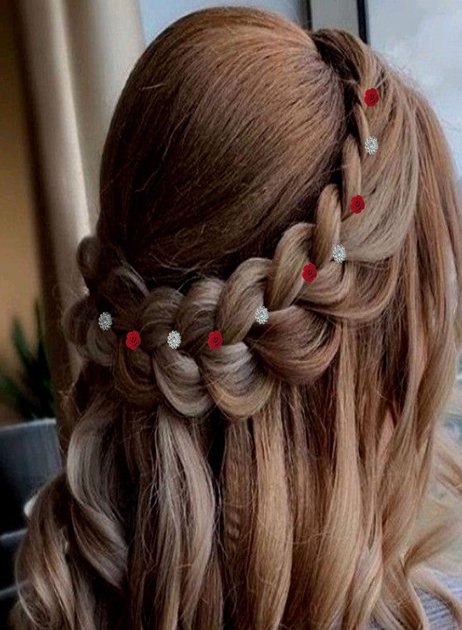 PRODUCTMINE مجموعة دبابيس شعر العروس من PRODUCTMINE® / دبابيس جودا ذهبية فاخرة مع وردة حمراء صناعية وأحجار الراين الشفافة للنساء والفتيات - مجموعة من 16 قطعة - Image 4