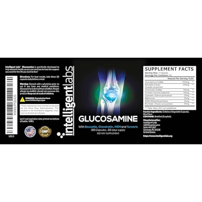Intelligent Labs Glucosamine and Chondroitin High Strength Complex with MSM | 180 Capsules | Immune System Support | with Turmeric, Boswellia, and Quercetin Joint Care Supplements - Image 2