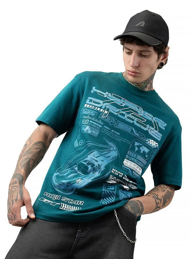 Moto Racer Graphic Printed Round Neck Short Sleeves Regular Fit Cotton T-shirt