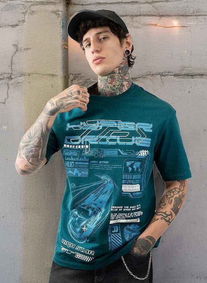 HIGH STAR Deep Teal Moto Racer Graphic Printed Round Neck Short Sleeves Regular Fit Cotton T-shirt for Men | Best Price UAE