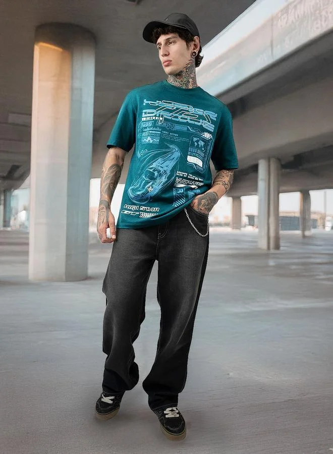 HIGH STAR Deep Teal Moto Racer Graphic Printed Round Neck Short Sleeves Regular Fit Cotton T-shirt for Men | Best Price UAE