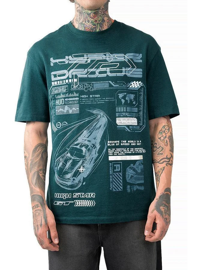 HIGH STAR Deep Teal Moto Racer Graphic Printed Round Neck Short Sleeves Regular Fit Cotton T-shirt for Men | Best Price UAE