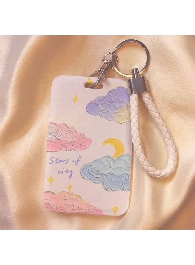 NIBEMINENT 1 - Piece Oil Painting White Clouds Kpop Photo Card Holder Pendant Key Chain ID Badge Holder ID Card Holder Photo Card Protector for School ID Office ID Access Card for Women Girls
