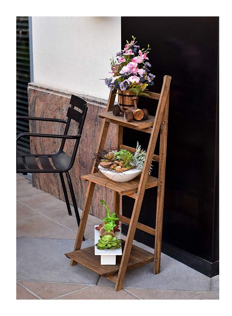 LINGWEI Wooden Foldable Plant Stand Book Shelf Display Flower Rack Stand 3 Layer Solid Wood Ladder Design Flower Vase Shelves Bathroom Shelf (Brown) - Image 3