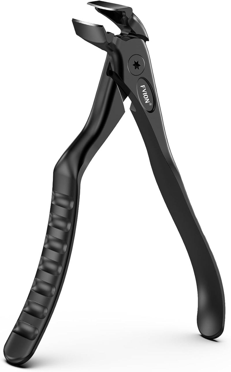 FVION Ergonomic Handle Nail Clippers for Seniors Angled Head Toenail Clippers for Thick Toenails and Fingernails Wide Jaw Opening Precision Nail Trimmer with Catcher Black