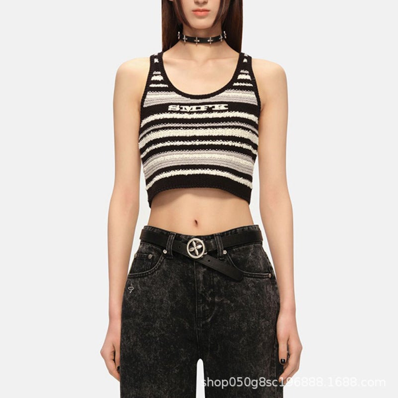 Smfk R Vintage Campus Striped Knitted Vest Personalized Washed Pleated Spice Girls Wear Sports Jacket - Image 2