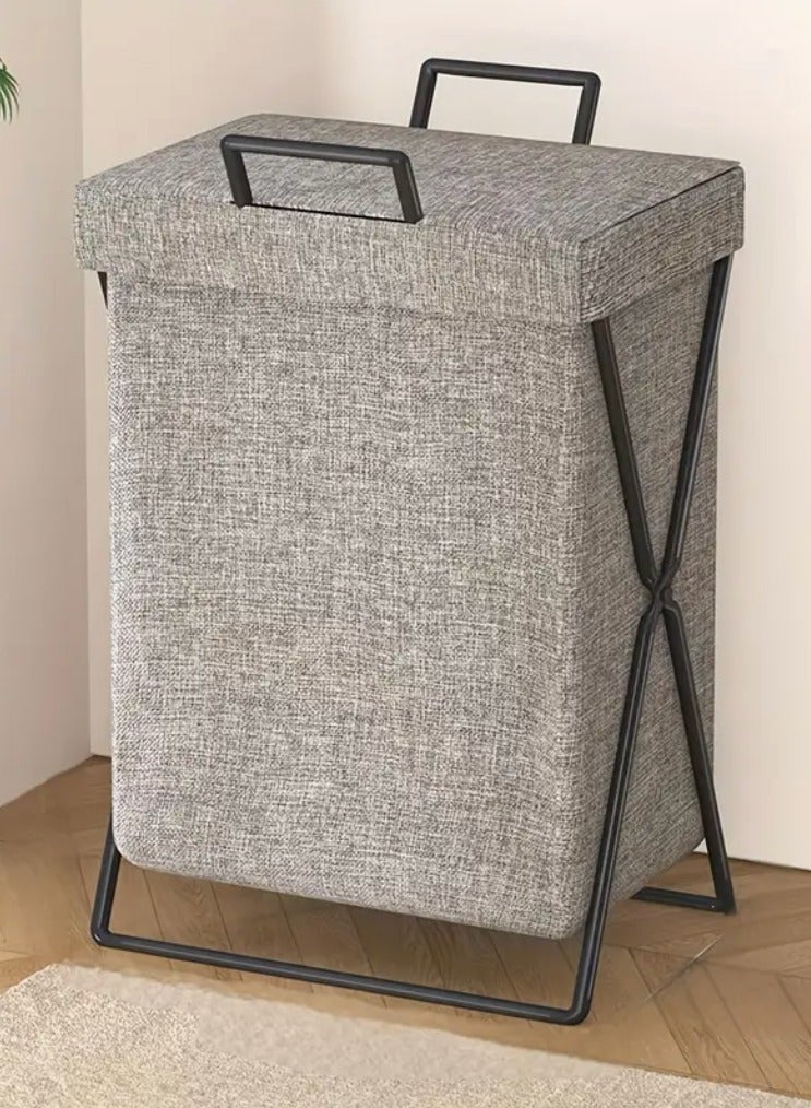 Foldable storage basket | Grey laundry hamper | Rustic home storage | Boho fabric basket | Multi-purpose organizer | Collapsible laundry bin | Bathroom and bedroom basket | Fabric storage with metal frame | Compact home organizer | Space-saving laundry solution Foldable storage basket | Grey laundry hamper | Rustic home storage | Boho fabric basket | Multi-purpose organizer | Collapsible laundry bin | Bathroom and bedroom basket | Fabric storage with metal frame | Compact home organizer | Space-saving laundry solution - Image 1